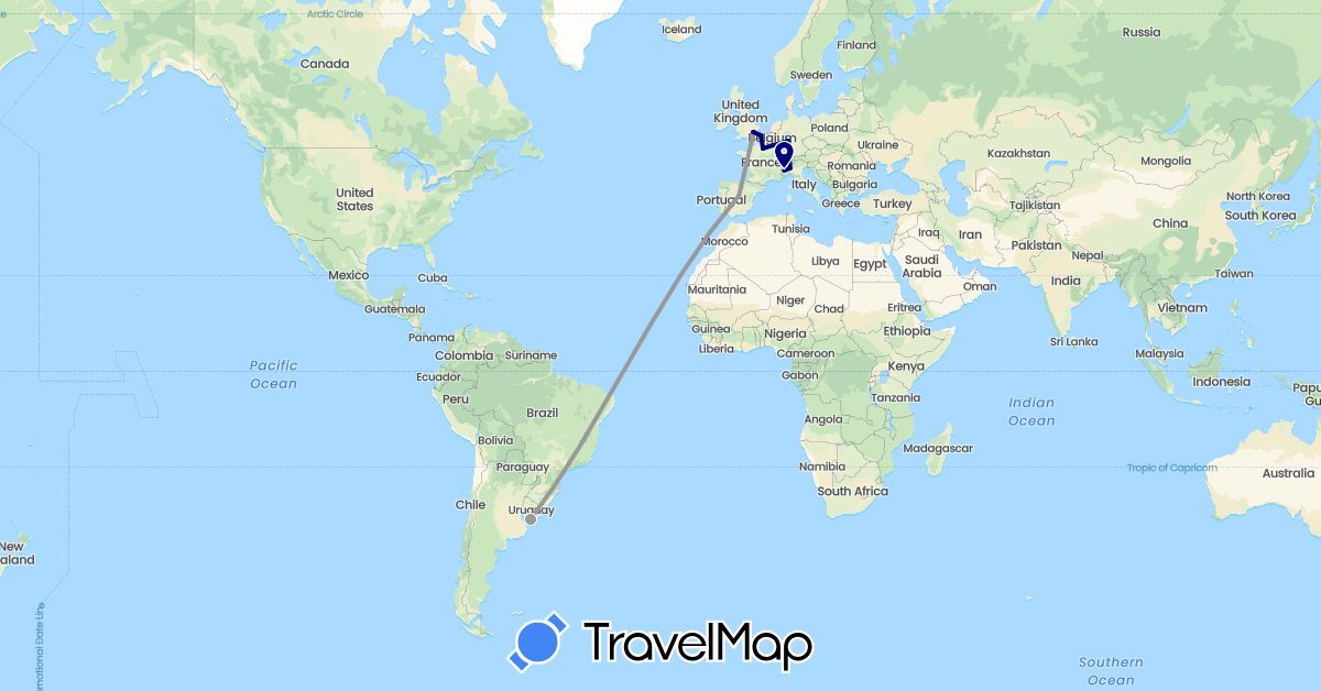 TravelMap itinerary: driving, plane in Germany, Spain, France, United Kingdom, Italy, Uruguay (Europe, South America)